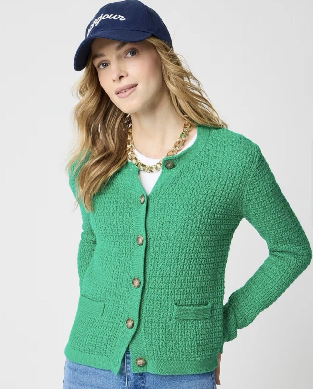 NWT J. Crew Novelty Stitch Crewneck Cardigan Sweater Button Up Knit Green Size M